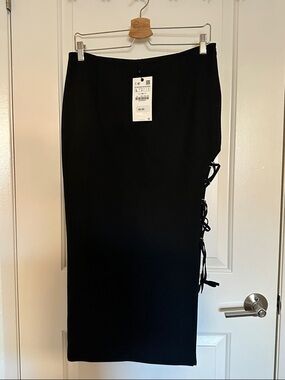 Classic Black Midi Pencil Skirt with Side Lace-Up Detail
